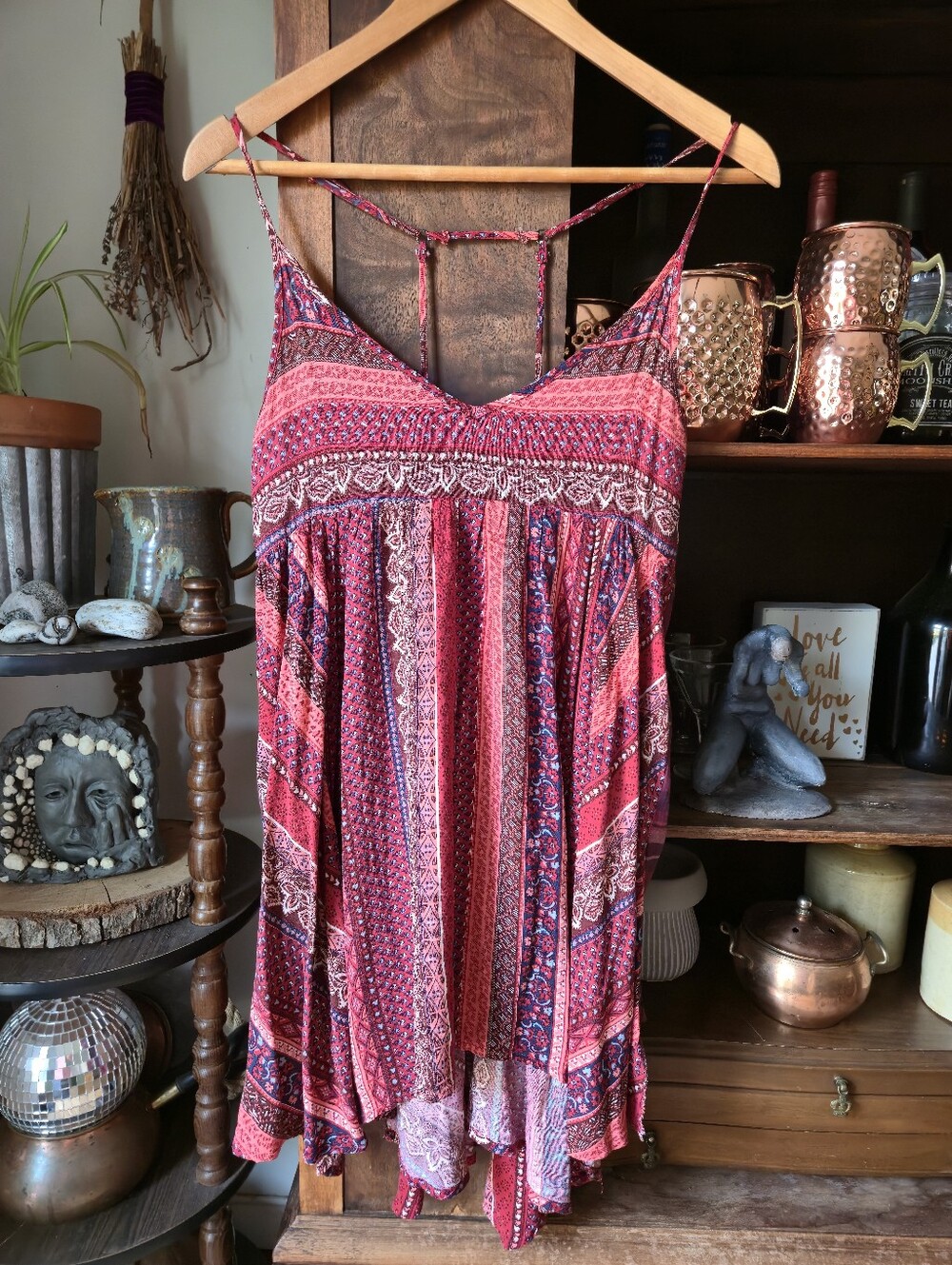 UPCYCLED Pink Hankerchief Hem Bohemian Spaghetti Strap Swing Dress, Small